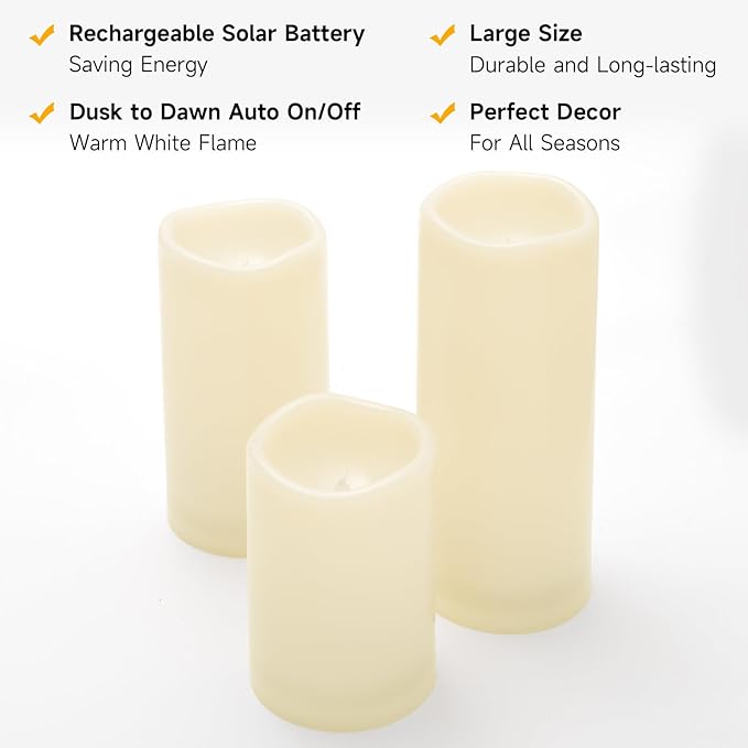 NURADA Large Outdoor Solar Candles Waterproof - 6" 8" 10" x 4" Rechargeable Solar Powered Flameless LED Pillar Flickering Candle for Patio Porch Lanterns Decor - Ivory Set of 3