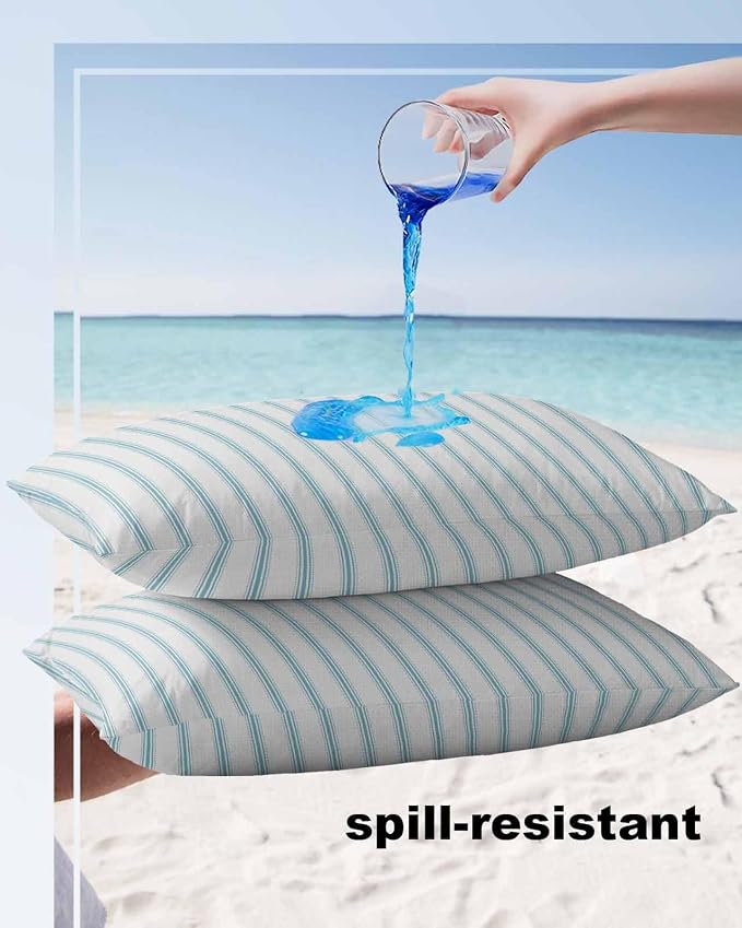 Outdoor Waterproof Throw Pillow Covers Set of 2 Teal Stripes Lumbar Pillowcases 20x12 Inches Simple Style Patio Decorative Pillows Cushion Case Patio Pillows for Couch Bed Chair Garden