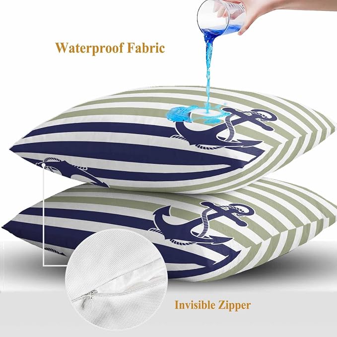 Throw Pillow Covers 26x26 Inch Set of 2, Striped Anchor Waterproof Outdoor Cushion Covers, Navy Blue Nautical Sage Green Geometric Decorative Pillowcases for Couch, Sofa, Bed, Garden, Patio