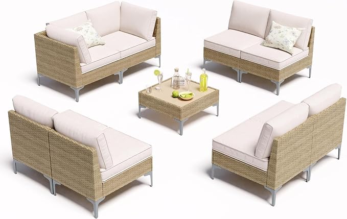 Beige All-Weather Wicker Sectional Sofa 9 Piece Outdoor Patio Furniture Set with Coffee Table Thick Anti-Slip Cushions for Backyard Lounge Garden