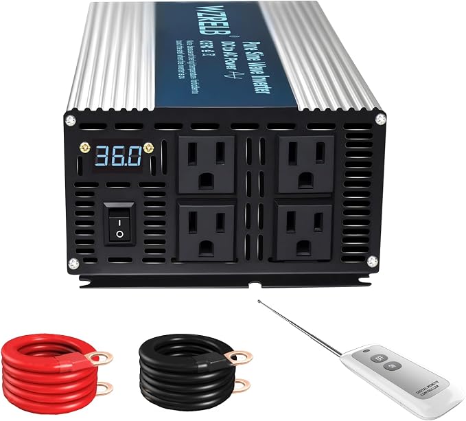 WZRELB 2000W Pure Sine Wave Inverter 36V DC to 110V 120V AC Power Converter with LED Display, Remote Controller, Off-Grid Power Inverter 4000W Surge with 4 AC Outlets,for Home, RV, Truck, Camping