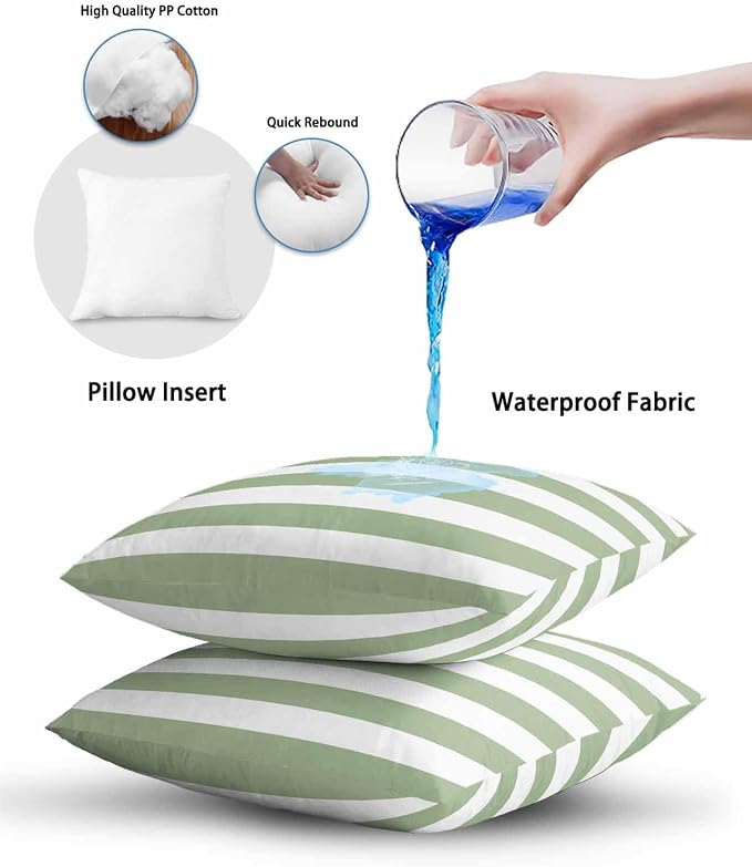 Outdoor Waterproof Throw Pillows Sage Green White Stripes Horizontal Lines Patio Pillows Pack of 2,Decorative Pillow Covers with Insert,Pillow Cushion Case for Garden Couch Sofa Modern Minimalism