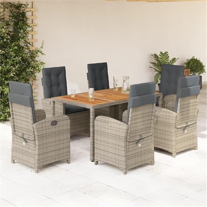 BOWERY HILL Contemporary 7-Piece Rattan Garden Dining Set, Gray Finish, PE Rattan and Steel, Adjustable Reclining Chairs with Cushions, Weather-Resistant, Outdoor Patio or Conservatory Dining Set