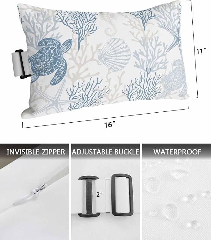 Lumbar Pillow Covers Set of 4, Blue Grey Coastal Waterproof Outdoor Chaise Lounge Pillow Covers with Elastic Strap, Sea Turtle Nautical Coral Summer Beach Headrest Pillowcase for Patio, 11 x 16
