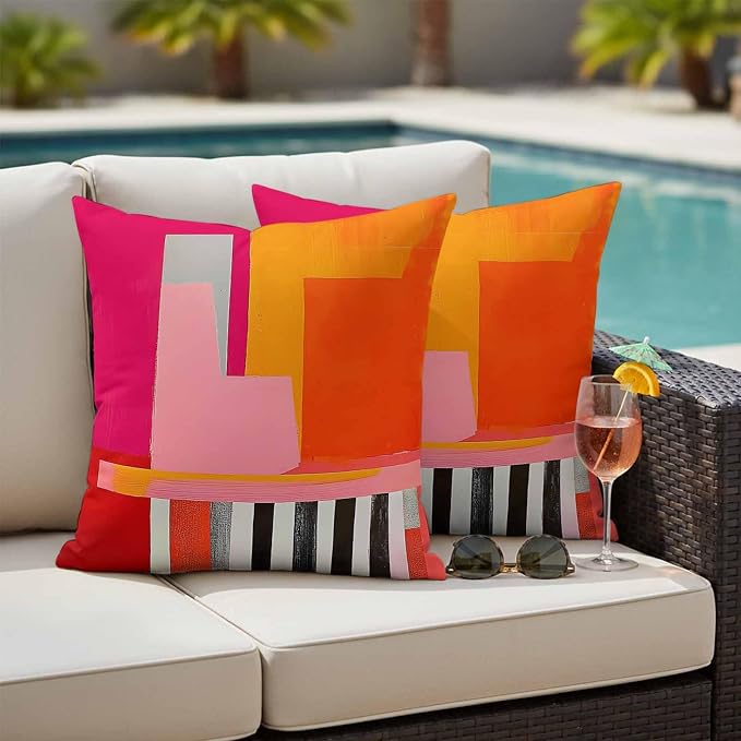 JasmineM Outdoor Pillow Cover 20x20 Inches Set of 2 Abstract Pink Orange Red Waterproof Throw Pillow Covers Painting Modern Art Decorative Pillowcases Garden Cushion Case for Patio Couch Sofa