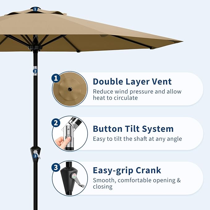 GarveeLife 10FT Umbrella Outdoor Patio, Table Umbrella with Push Button Tilt and Crank, 8 Sturdy Ribs Waterproof UV Protection for Garden, Pool, Deck, Backyard, Market (Khaki)