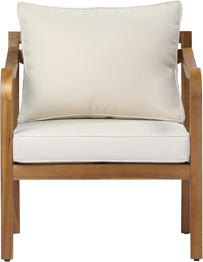 Merax Outdoor Acacia Wood Armchair Set of 2 with Elegant Cross Back Design, Deep Seating Patio Lounge Chairs with Removable Soft Cushions for Porch, Garden, Backyard, Balcony, Teak & Beige