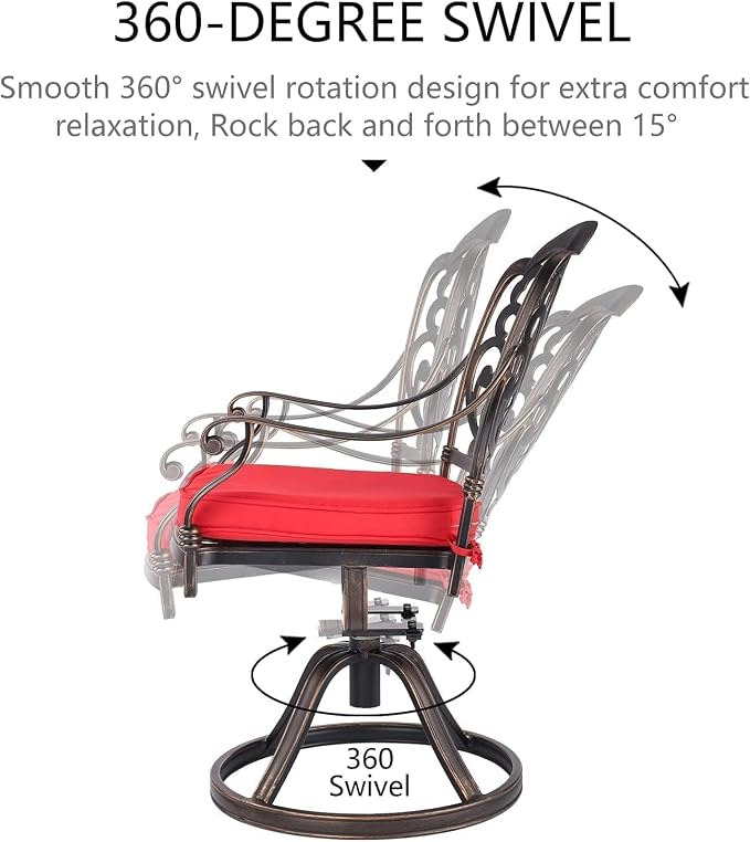 Grepatio 7 Piece Cast Aluminum Outdoor Dining Set, Patio Furniture Set with 2“ Umbrella Hole and 4 Chair & 2 Swivel Chairs with Cushions, Dining Furniture Set for Porch Poolside Garden (Red)