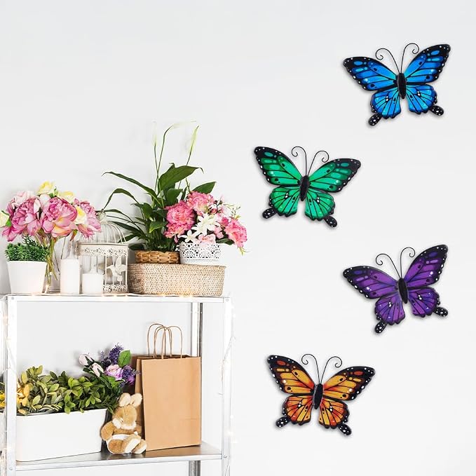 hogardeck Metal Butterfly Wall Decor, 4 PCS Multicolor Butterfly Spring Decor for Indoor Outdoor, Decorative Hanging Wall Art for Kitchen, Living Room, Porch, Garden, Yard