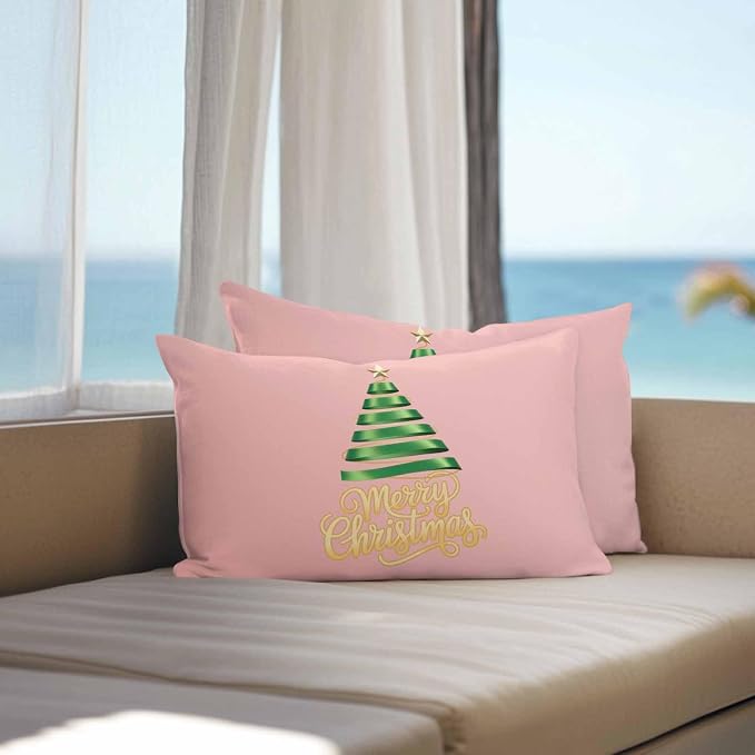 Pink Christmas Tree Lumbar Pillow Covers 12 x 20 Inches, Green Xmas Tree with Star Waterproof Throw Pillow Cover Set of 2, Christmas Pink Decorative Rectangle Cushion Covers for Patio/Couch