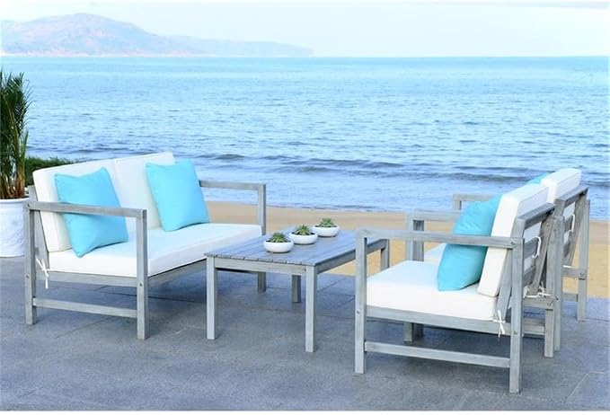 SAFAVIEH Outdoor Collection Montez Grey Wash/ White Cushions/ Light Blue 4-Piece Conversation Patio Set
