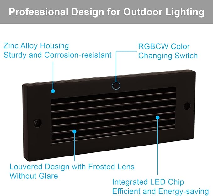 Color Changing RGB Low Voltage Deck Lights, 5W, 8.7 Inch 12V Waterproof Wired Outdoor Stair Lights for Steps, Decks, Fences, Stairwell, Large Area Glare Free Surface Mount, Bronze, ETL, 1PK