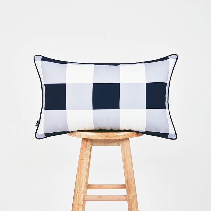 Hofdeco Coastal Patio Indoor Outdoor Lumbar Pillow Cover ONLY for Backyard, Couch, Sofa, Navy Blue Buffalo Check, 12"x20"