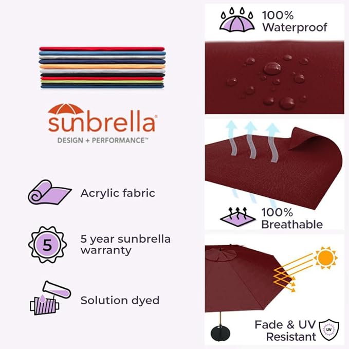 Midtown Umbrellas The LED Swilt 10 Feet Patio Umbrella With Sunbrella Burgundy Acrylic Fabric - Auto-Tilt Aluminum Frame With LED Lights For Backyard, Deck, Garden, Pool - Black Pole