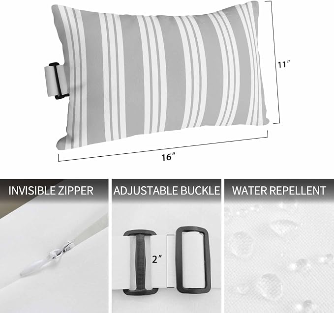 Outdoor Lumbar Pillow Set of 1, Striped Grey Waterproof Beach Headrest Pillow with Inserts, Farmhouse Line Stripes Classic Recliner Throw Pillows for Patio Furniture, 11 x 16
