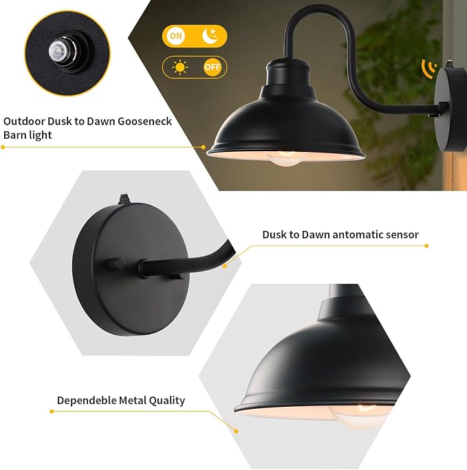 Dusk to Dawn Barn Lights Outdoor Wall Light 8" Exterior Lighting Fixtures | Anti-Rust Waterproof Farmhouse Industrial Vintage Matte Black Wall-Mount for Porch/Garage/Patio Yard ETL Listed