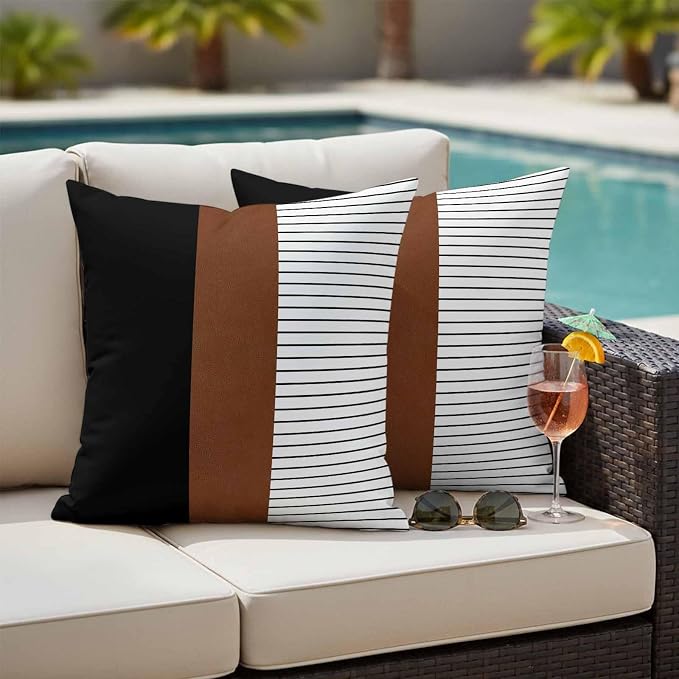 JasmineM Outdoor Pillow Cover 16x16 Inches Set of 2 Brown Black Lines Waterproof Throw Pillow Covers Boho Style Decorative Pillowcases Garden Cushion Case for Patio Couch Sofa