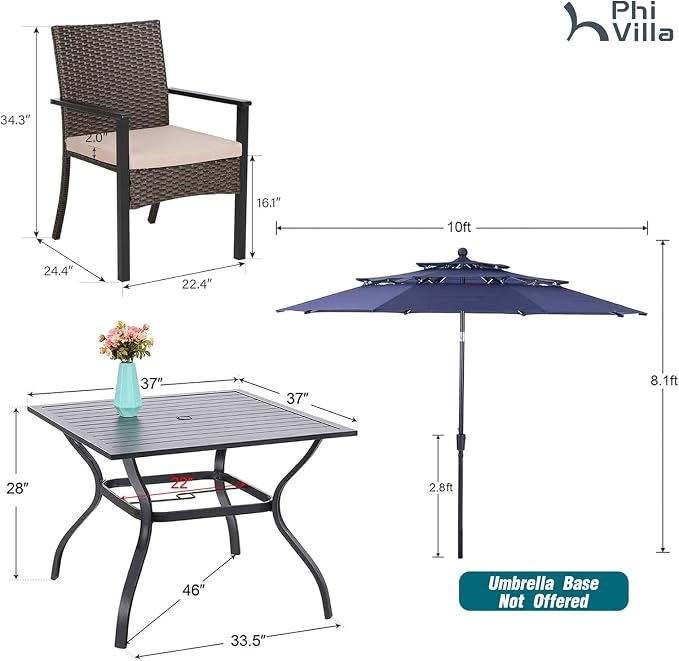 PHI VILLA 5pc Patio Dining Set with Umbrella, Square Table, Rattan Chairs | 37" Metal square dining table, cushioned wicker chairs, 10ft blue umbrella. Perfect for patio, deck, yard, porch.