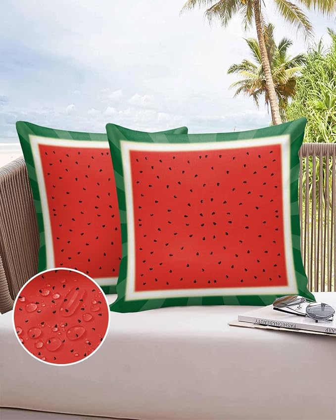 Outdoor Waterproof Pillow Covers Watermelon Fruit Set of 2 Decorative Outdoor Pillowcases Red Green Striped Cushion Cases for Patio Funiture Garden Couch Bench 20 x 20 Inches