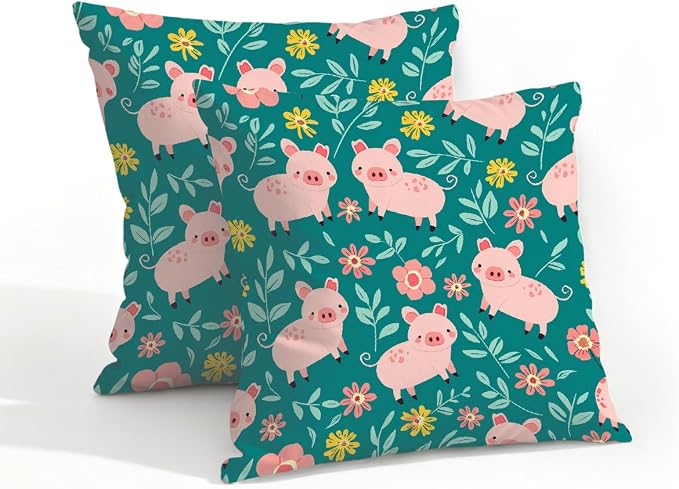 18x18 Inch Outdoor Pillow Covers Set of 2 Waterproof Throw Pillow Covers Decorative Couch Cushion Covers Pigs Green Leaves Square Pillowcases Protectors for Patio Garden Sofa