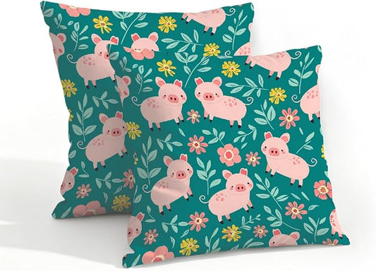 18x18 Inch Outdoor Pillow Covers Set of 2 Waterproof Throw Pillow Covers Decorative Couch Cushion Covers Pigs Green Leaves Square Pillowcases Protectors for Patio Garden Sofa