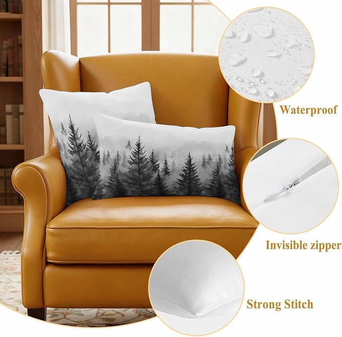 Retro Mist Forest Waterproof Outdoor Pillow Covers Set of 2 Home Decor, Watercolor Mountains Nature Landscape Pillowcase Patio Pillow Covers for Couch Bench Furniture Garden 26x26in