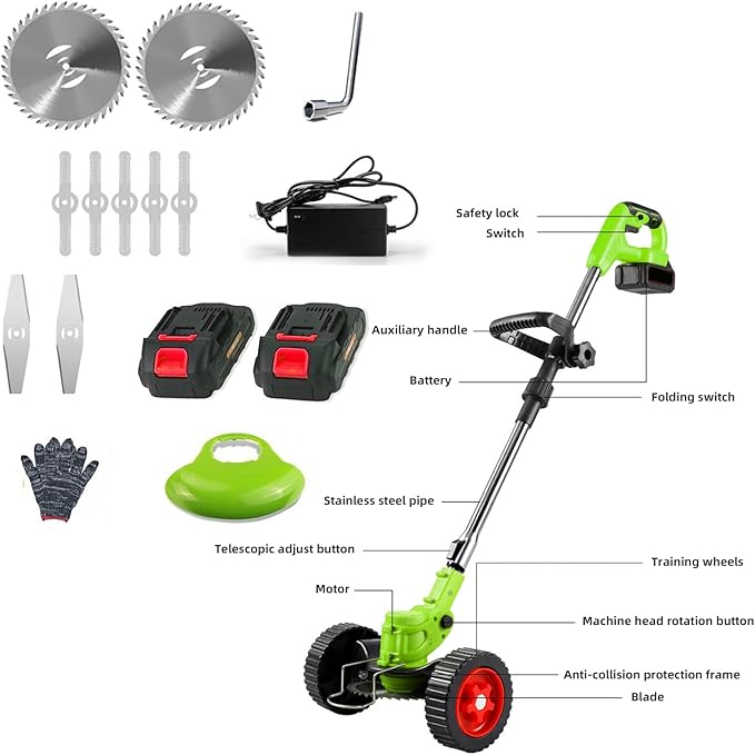 Cordless Garden Strimmers,Electric Cordless 48v Grass Strimmer with 2 X 2000mAh Battery, Adjustable Metal Blades,Garden Trimmer Telescopic Lightweight with Roller, 850W, for Gardens,Park Lawns (Green)