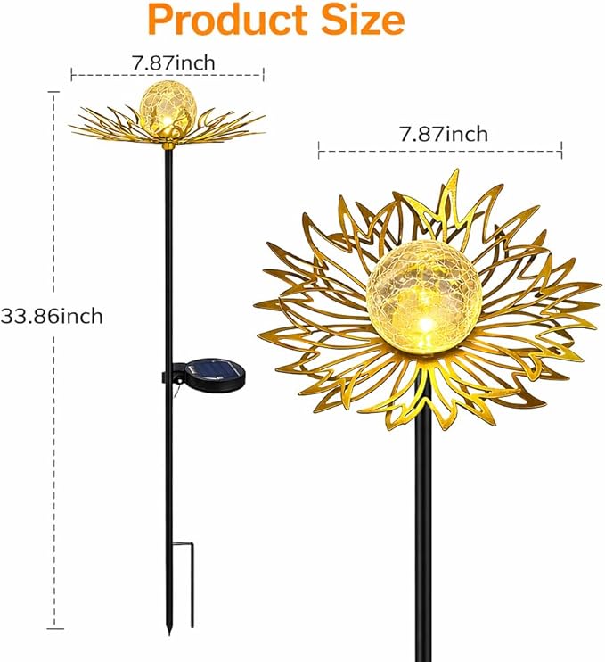 Solar Garden Lights Outdoor Decor, Metal Flower Stake Light with Warm White Crackle Glass Globe, Waterproof Decorative Solar Yard Art for Patio Lawn Backyard Pathway, Gardening Gift（Gold）
