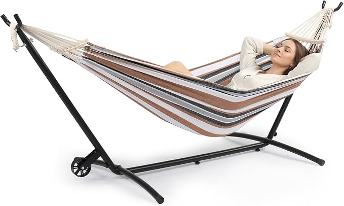 ONCLOUD Double Hammock with Spreader Bar & Heavy-Duty 9ft Steel Wheel Stand, Brazilian Hammock Set, Portable Hammock with Stand for Outside, Backyard, Camping, Includes Carry Bag, 550lb, Desert Strip
