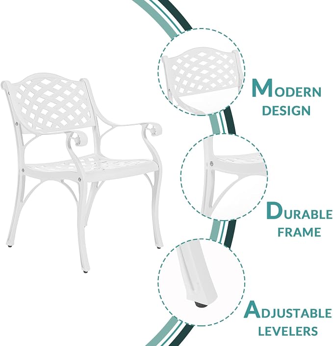 MEETWARM 7 piece Outdoor Patio Dining Set for 6 Seater Dining Table Set, All-Weather Cast Aluminum Patio Conversation Set for Garden with 6 Chairs, 1 Rectangular Table, 2" Umbrella Hole, White
