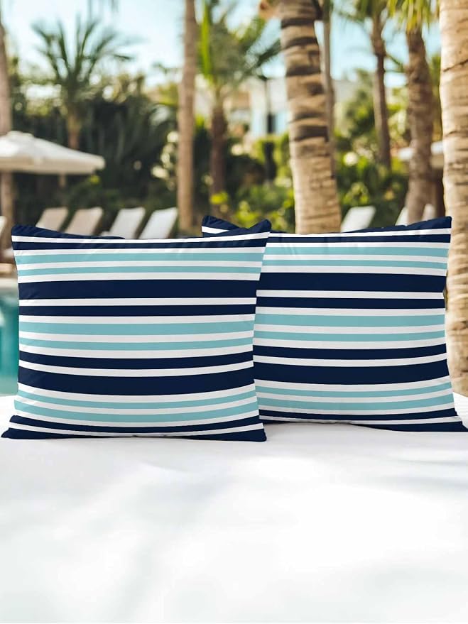 Outdoor Waterproof Throw Pillows Nautical Navy Blue Contrast Stripe Patio Pillows Pack of 2,Decorative Pillow Covers with Insert,Pillow Cushion Case for Garden Couch Sofa Modern Minimalist Line