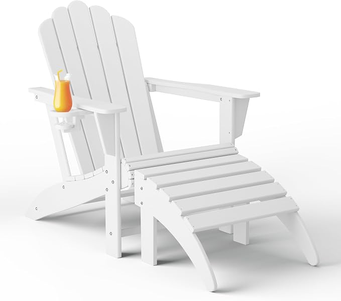 Costaelm Lakeview 2-Piece Outdoor Patio HDPE Adirondack Chair with Ottoman and Cup Holder Set, White