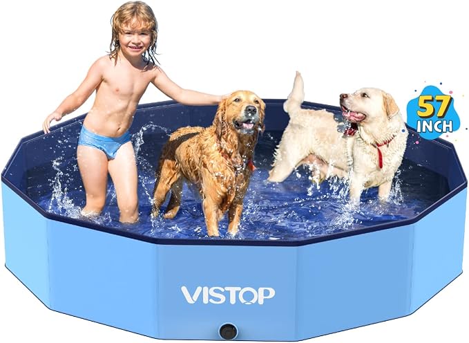 VISTOP Large Foldable Dog Pool, Hard Plastic Shell Portable Swimming Pool for Dogs Cats and Kids Pet Puppy Bathing Tub Collapsible Kiddie Pool (57inch.D x 11.8inch.H, Blue)