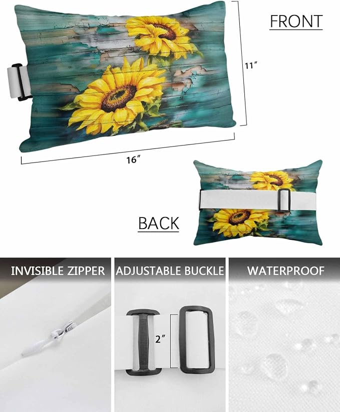 Outdoor Pillows Covers with Inserts Sunflowers Plant Vintage Wooden Grain Watercolour Waterproof Pillow with Adjustable Strap Throw Pillows for Patio Furniture Recliner Lounge Chair, 11x16 inch, 2PCS