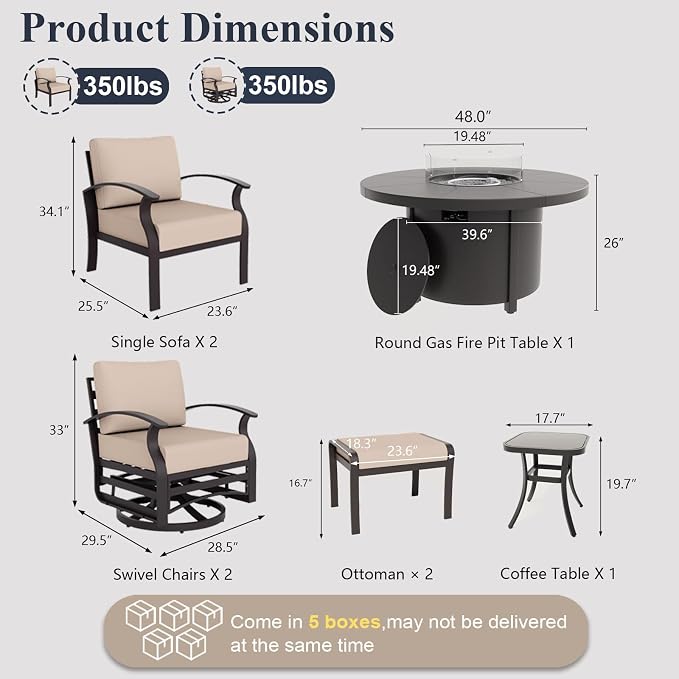 ALAULM Aluminum Patio Furniture Set with Coffee Table Rectangular, 5-seat Outdoor Sectional Furniture w/2 Swivel Chairs, Patio Conversation Set for Porch, Backyard, Poolside-Grey