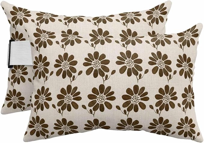 Pack of 2 Outdoor Lumbar Cushions with Inserts, Brown Flower Abstract Ethnic Linen Pattern Waterproof Fluffy Fade Body Pillows, Patio Furniture Pillow for Home Balcony Garden Decor 12x20IN