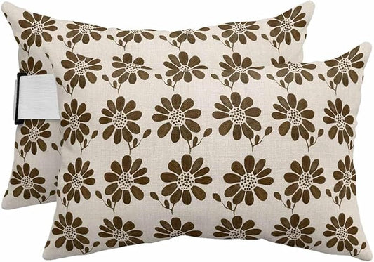 Pack of 2 Outdoor Lumbar Cushions with Inserts, Brown Flower Abstract Ethnic Linen Pattern Waterproof Fluffy Fade Body Pillows, Patio Furniture Pillow for Home Balcony Garden Decor 12x20IN