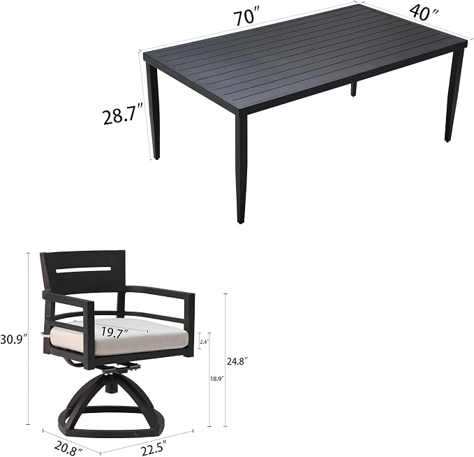 7-Piece Outdoor Patio Aluminum Furniture, 70” Rectangle Dining Table with Umbrella Hole and 6 Swivel Rockers Chairs, Modern Dining Set for Patio Backyard, Garden, Ember Black