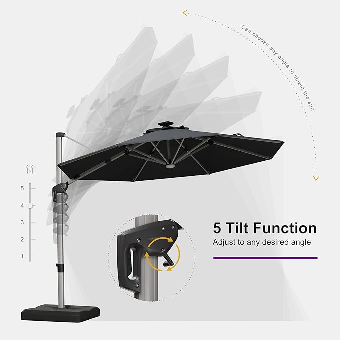 PURPLE LEAF 10ft Patio Umbrella with Lights Outdoor Round Cantilever Solar Powered LED Umbrella with 360-degree Rotation for Garden Deck Pool Patio, Grey