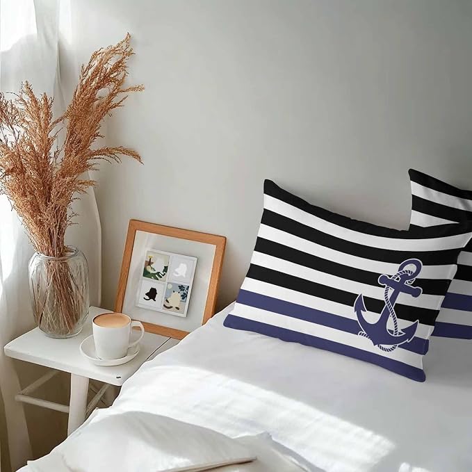 Lumbar Pillow Covers 20x12 Inch Set of 2, Anchor Black Waterproof Outdoor Cushion Covers, Modern Navy Blue White Striped Nautical Decorative Pillowcases for Couch, Sofa, Bed, Garden, Patio
