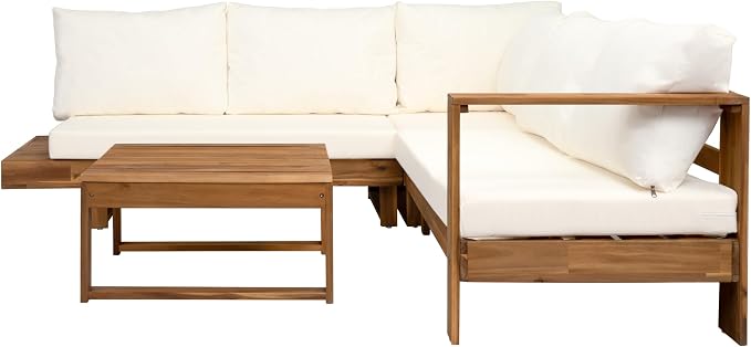 JIVOIT 4 Pieces Patio Conversation Set, Outdoor Acacia Wood Sectional Patio Sofa Set with Coffee Table, Slatted Design, Soft Cushions, Porch Furniture for Deck, Balcony, Backyard