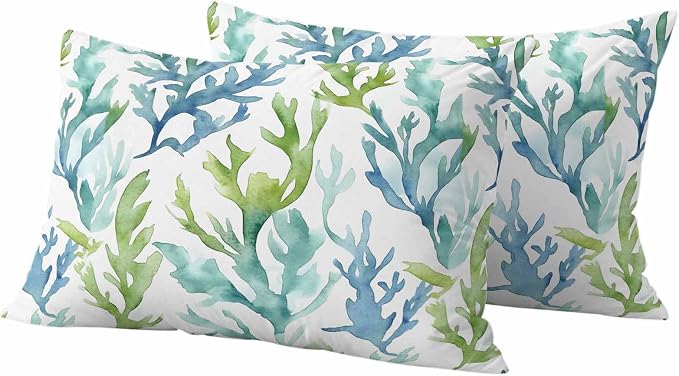 JasmineM Outdoor Pillow Cover 12x20 Inches Set of 2 Blue Teal Coral Waterproof Throw Pillow Covers Watercolor Green Decorative Pillowcases Garden Cushion Case for Patio Couch Sofa