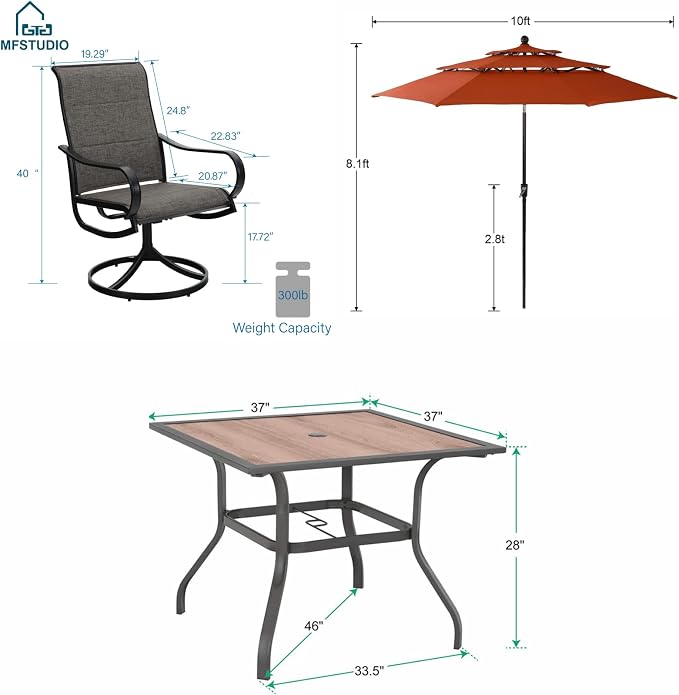 MFSTUDIO Patio Dining Set for 4, Outdoor Furniture Set with Orange Red Umbrella (Base not Included), Wood-Like Square Table and 4 Swivel Chairs for Patio, Deck, Backyard, Garden