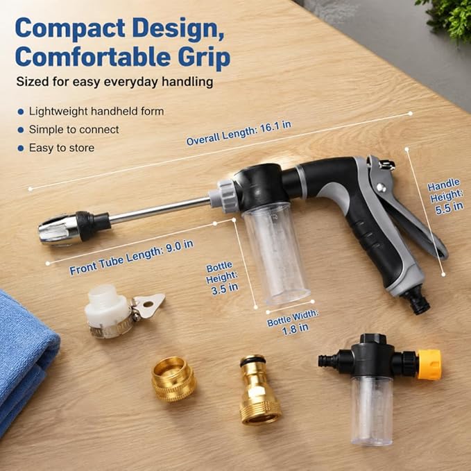 Hose Hawk Pro Pressure Washer Gun Professional Water Handheld Power Washer Gun with 360° Rotating Nozzless, 4 Spray Modes Multi Function for Cleaning Yard Car Driveways (Grey+15m Water Pipe)