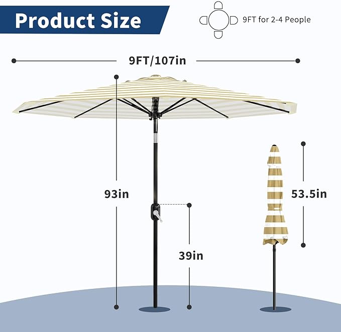 Garvee 9FT Patio Umbrella - Outdoor Table Umbrella with Smooth Crank Lift, Push Button Tilt and 8 Sturdy Ribs - Market Umbrella UV Protection Waterproof for Pool, Deck, Yard, Garden