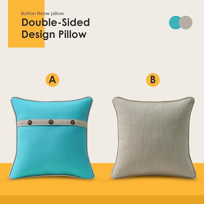 Outdoor Sunbrella Decorative Pillows with Triple Coconut Buttons Pack of 4, 18" x 18" Outdoor Pillow Set for Couch Bed Throw Patio Sofa, Canvas Aruba/Cast Ash