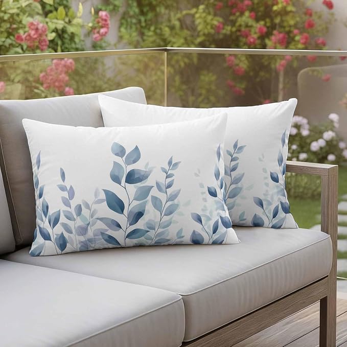 Blue Botanical Outdoor Waterproof Throw Pillow Covers 20x12 Set of 2, Pastoral Leaf Watercolor Decorative Pillowcases Cushion Pillowcase for Couch Sofa Patio Outside Pillow Protector