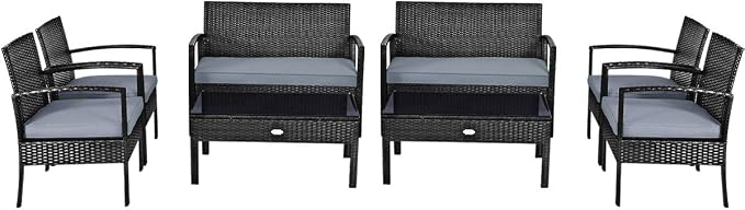 Tangkula 8-PCS Wicker Patio Conversation Furniture Set, Outdoor Rattan Chair and Table Set, Patio Furniture Sets with Coffee Table & Washable Cushions for Courtyard Balcony Garden (2, Black)