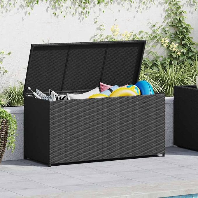Outdoor Storage Chest, 47.2 x 47.2 x 23.6 Inch Deck Box with Gas Lift Lid, Weather-Resistant PE Rattan Patio Garden Organizer for Cushions and Tools, Black