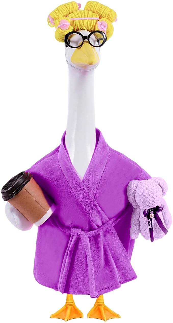 Lady Porch Goose Outfits,Bathrobe Porch Goose Statue Costume with Curlers Reading Glasses Coffee Cup Towel, Cute Goose Clothes for 23-Inch Cement Statue, Lawn Yard Garden Patio Decor(Dark Purple)